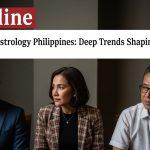 Filipino family reading horoscopes on a mobile device with zodiac signs overlay.