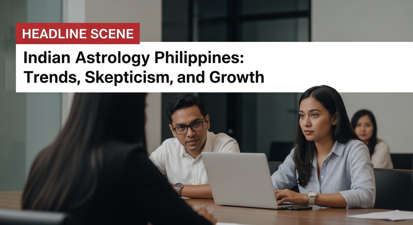 An astrologer explains a birth chart to a Filipino client in a studio blending Indian astrology symbols and modern equip
