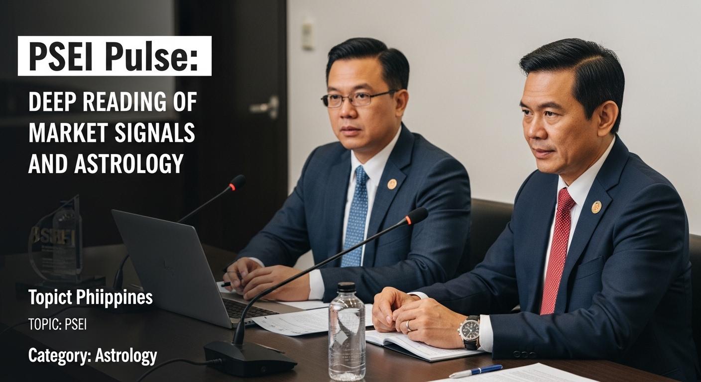 Editorial illustration of PSEI chart with astrology overlay for a Philippine markets analysis