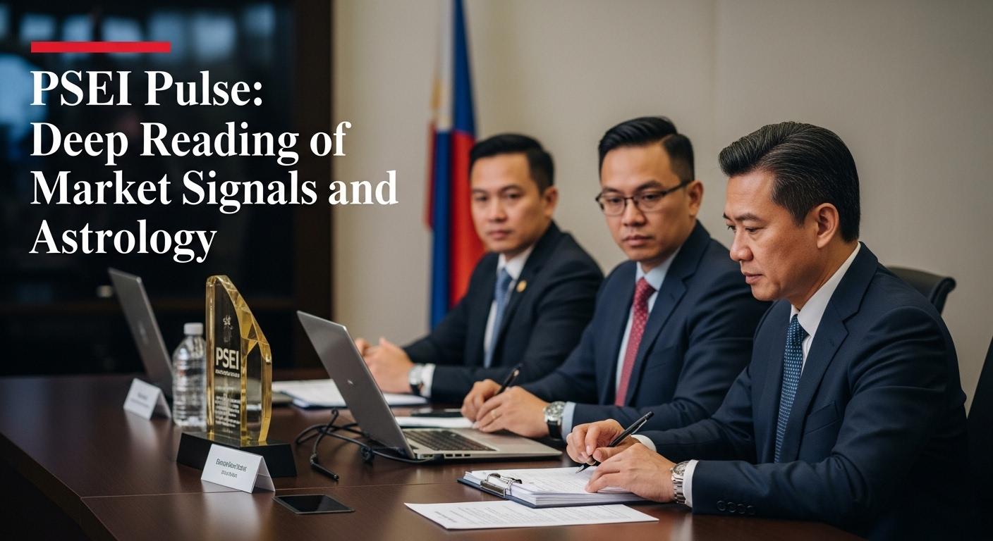 Editorial illustration of PSEI chart with astrology overlay for a Philippine markets analysis