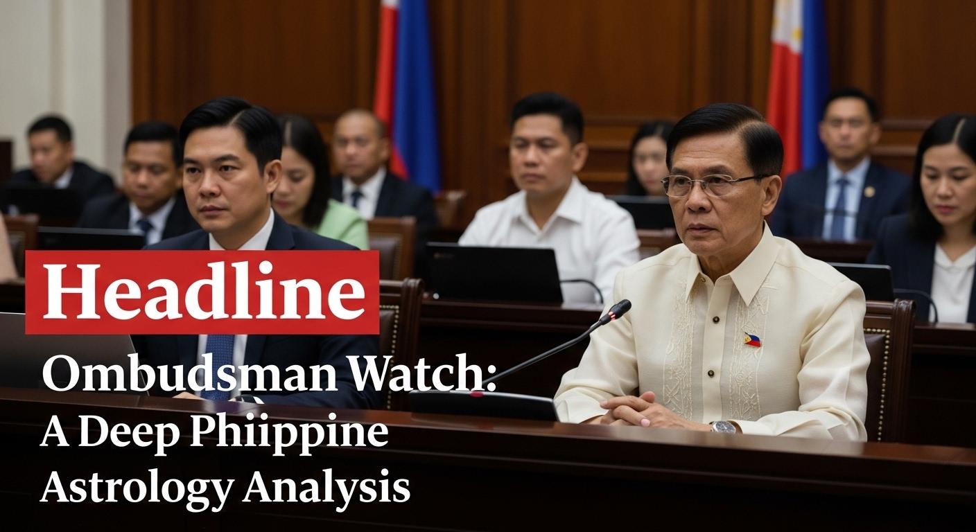 Astrology-informed newsroom image showing scales of justice and a star chart over the Philippines