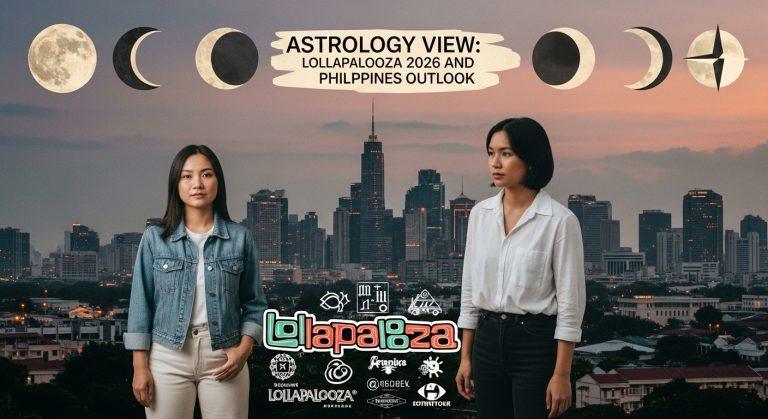 Astrology-inspired collage with Lollapalooza 2026 imagery and Philippine cityscape
