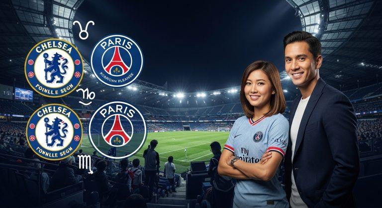 Chelsea vs PSG astrology-themed collage with zodiac signs