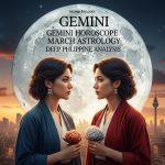 Gemini horoscope March astrology illustration with Pisces new moon and Philippine skyline
