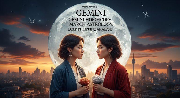 Gemini horoscope March astrology illustration with Pisces new moon and Philippine skyline