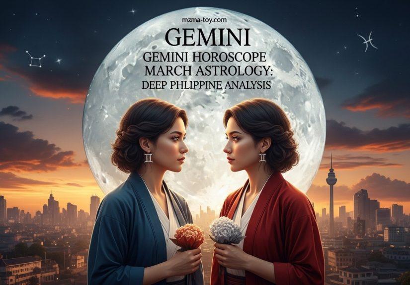 Gemini horoscope March astrology illustration with Pisces new moon and Philippine skyline